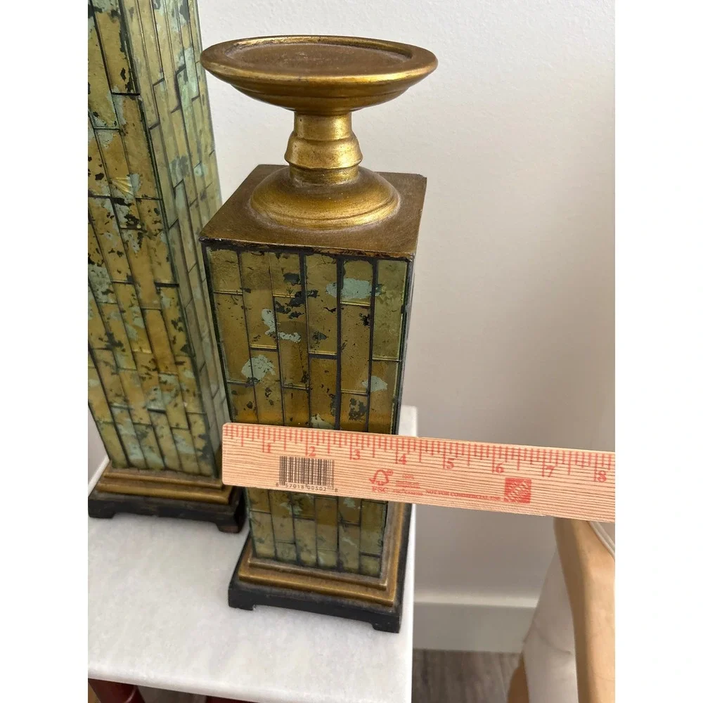 Vintage Pierre One Set of 2 Gold Verdigris Mirrored Mosaic Pillar Candle Holder